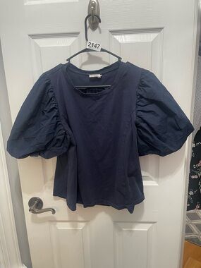 Navy Puff-Sleeve Cotton-Blend Blouse large